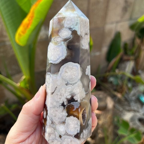 Black Flower Agate Druzy Tower with Carnelian - Picture 4 of 11